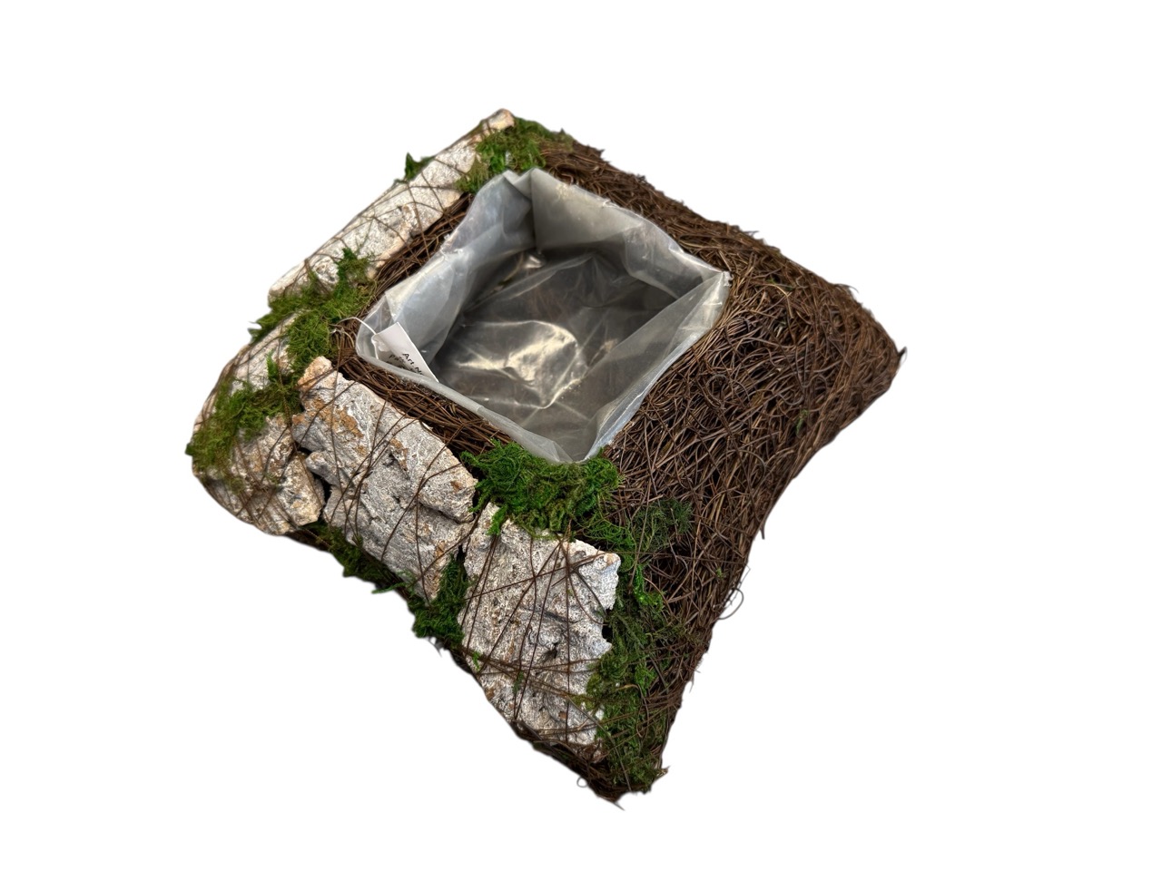 Pflanzkissen quadratisch Rinde und feine Rebe, Moos mit Folie; 20x20 cm, H7,5 cm