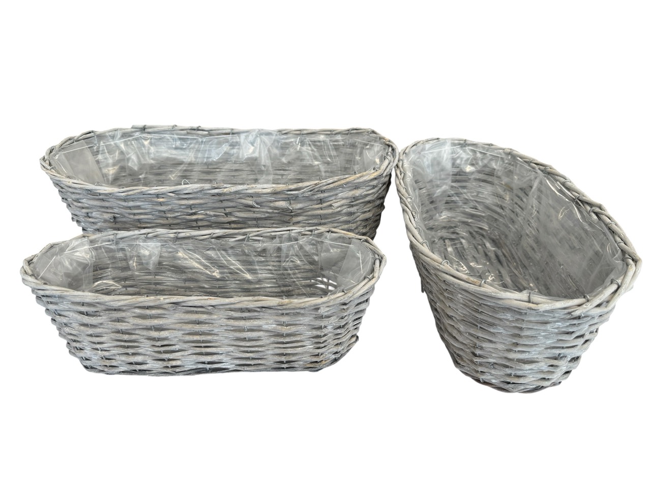 Pflanzgefäß geflochten, grau gewaschen, 3er Satz, oval mit Folie; 52x24cm, H16cm