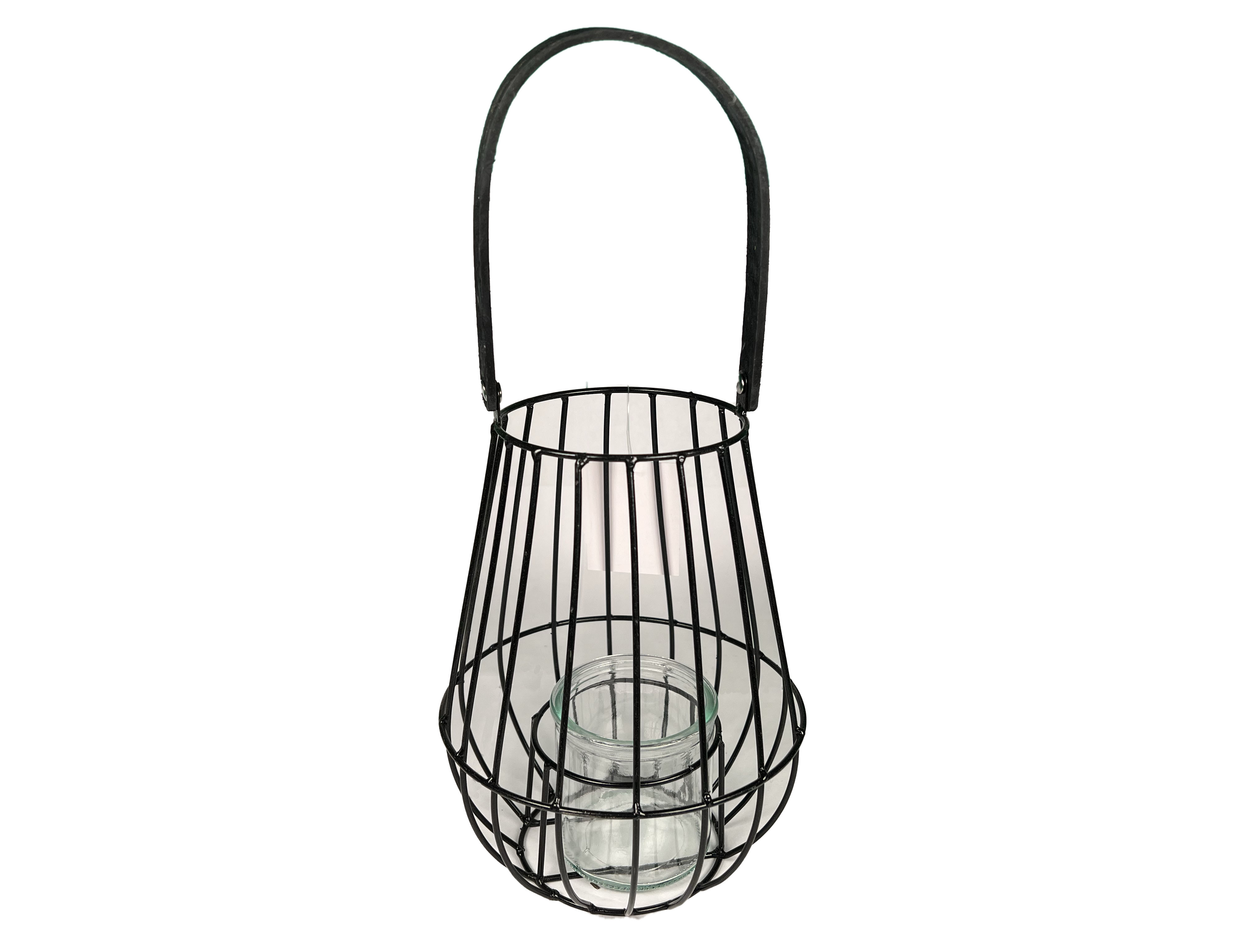 Laterne aus Metall, mit Glas schwarz, mit Henkel 