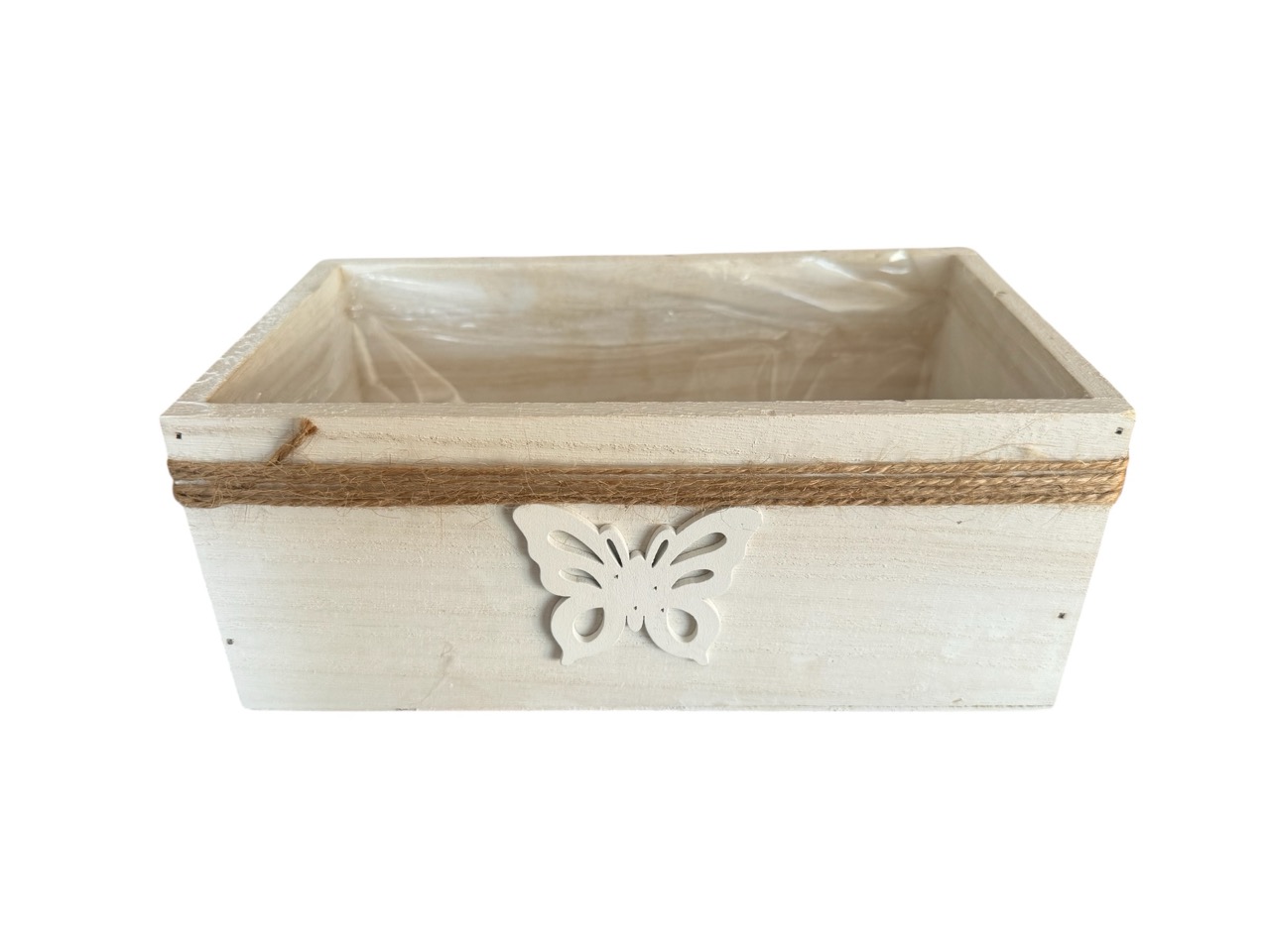 Holzkiste rechteckig, weiß mit Seil und Schmetterling; 22x12,5 cm, H9 cm