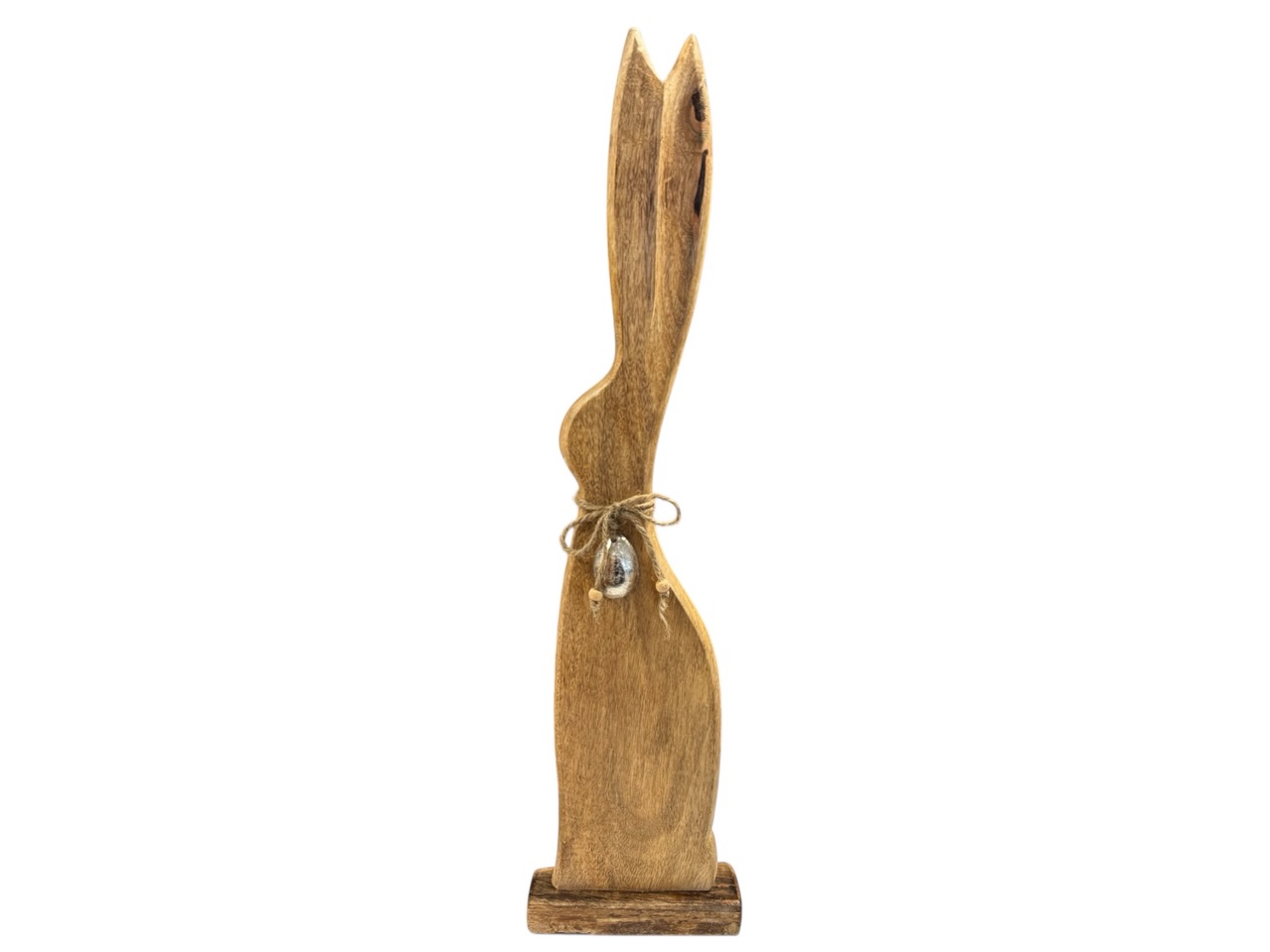 Hase aus Mango Holz mit Metall Ei; 15,5x6 cm, H60 cm