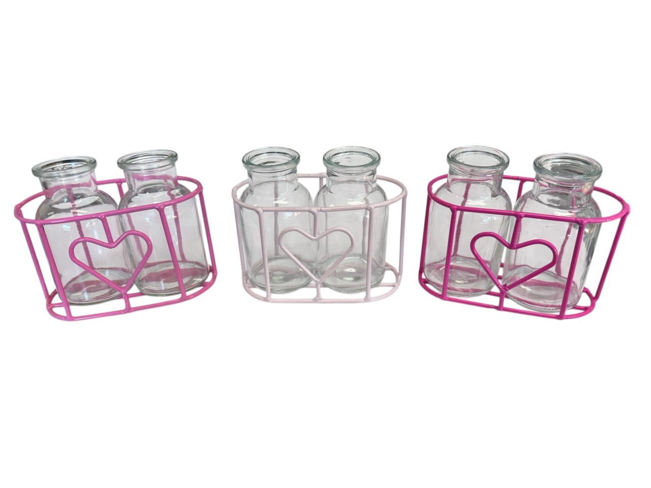 2er Metallständer 3-farbig, mit Glasvasen Herzdesign; 13x6,8 cm, H8 cm, Gläser: 5,8x5,8 cm, H10,3 cm