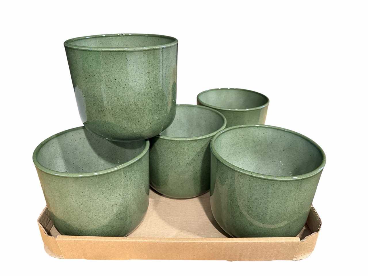 Keramik Übertopf, Ø14 cm, H12,5 cm, hochwertige laubgrün Lasur; 6 Stück im Tray