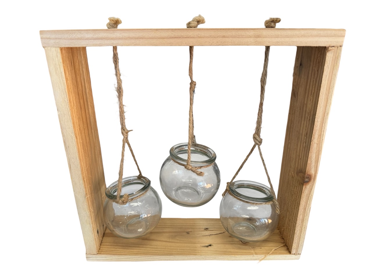 Holzrahmen mit 3 hängenden Gläsern natur; 28x7,5 cm, H28,5 cm, Gläser: 6x6 cm, H6,5 cm