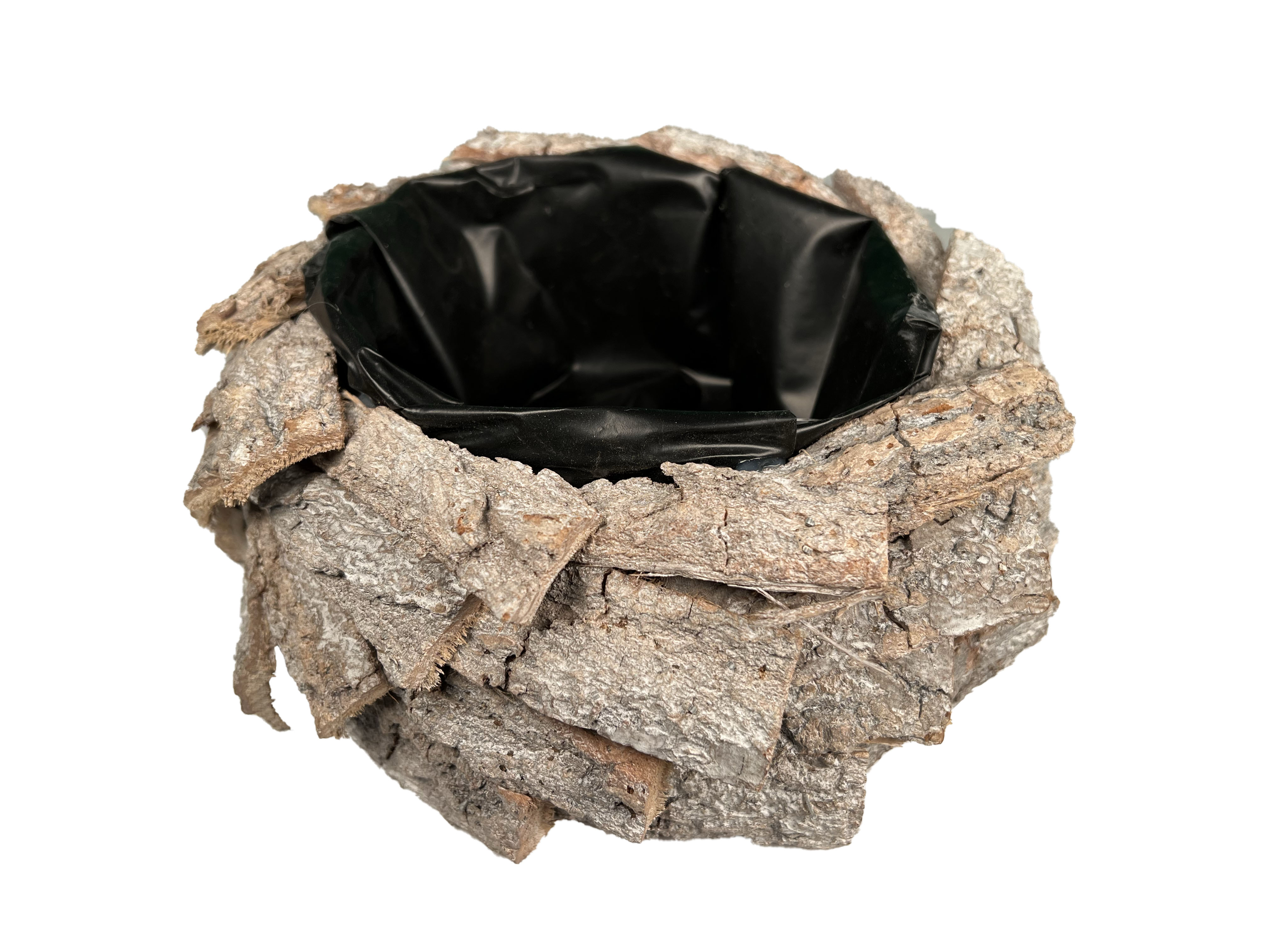 Rindenpflanzschale, rund weiß gewaschen, mit Folie