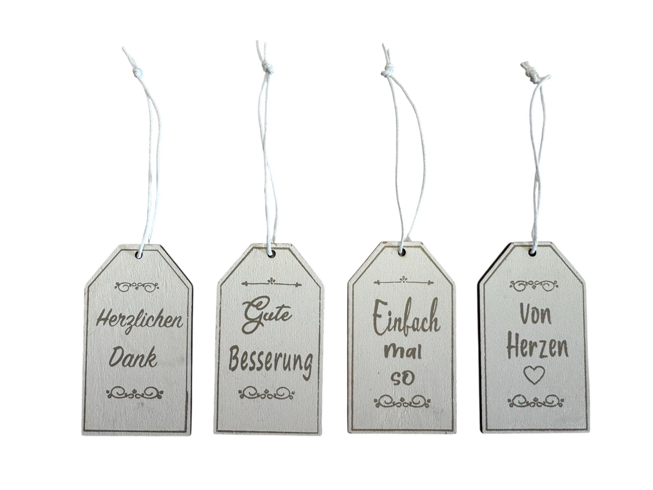 Hänger Sort. "Danke von Herzen", weiß-natur, Box mit 48 Hängern; Hänger 7x4 cm