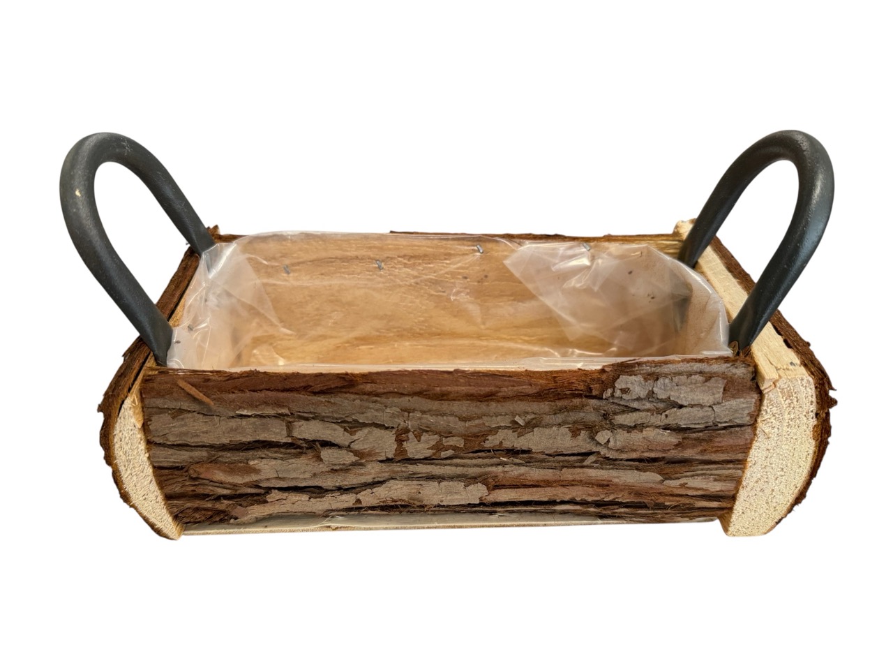 Holzkiste rechteckig Rinde mit Metell Henkel; 24x11cm, H8 cm