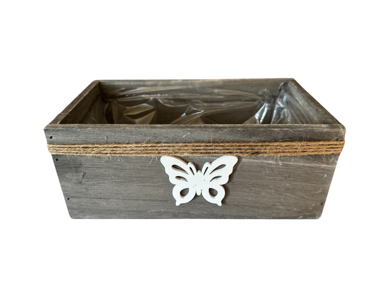 Holzkiste rechteckig, grau mit Seil und Schmetterling; 22x12,5 cm, H9 cm