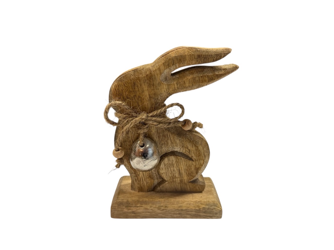 Hase aus Mango Holz hoppelnd mit Metall Ei; 15x5 cm, H17 cm