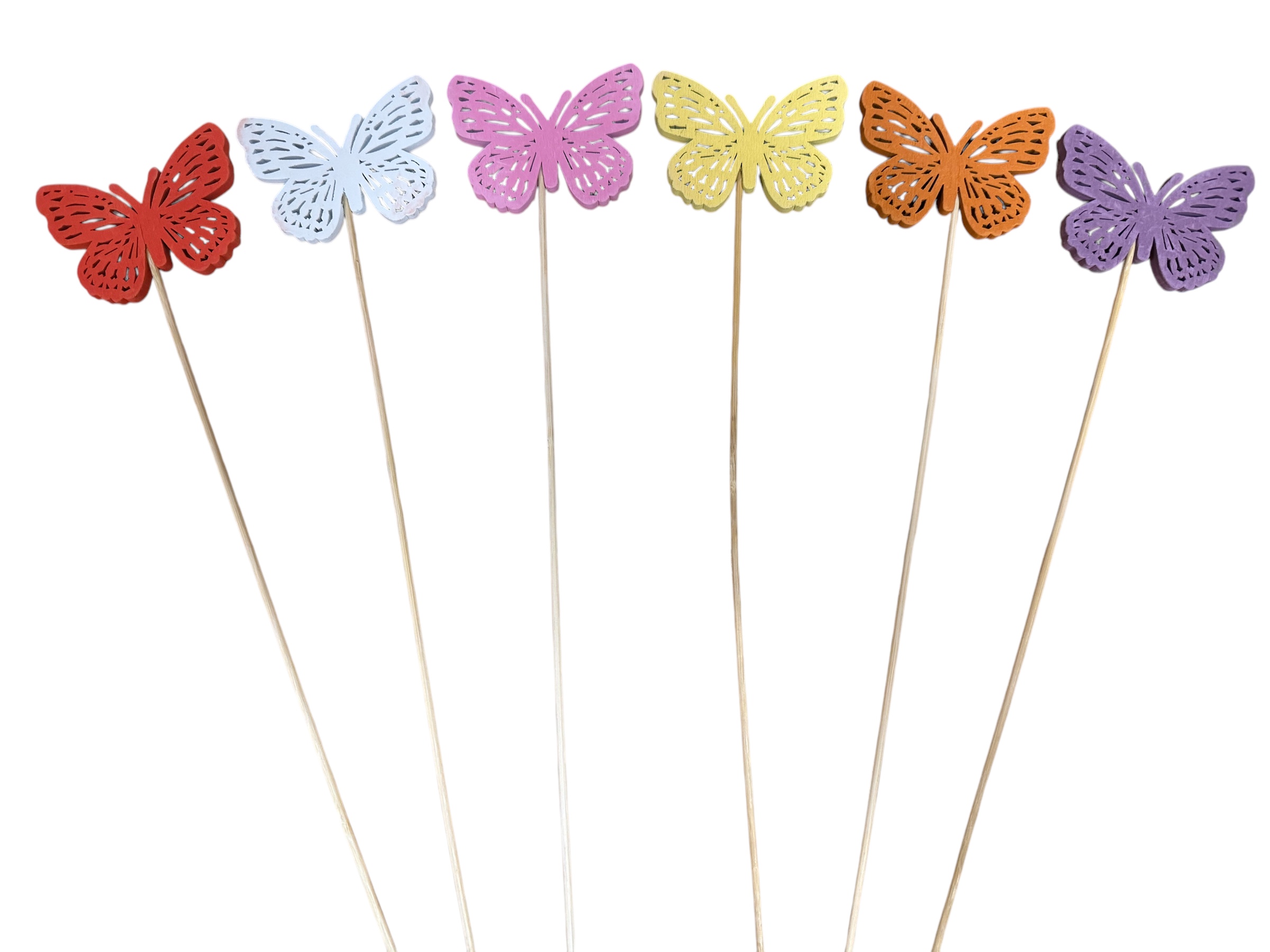 Schmetterlinge als Holzstecker, 35 Stk. im Beutel; weiß, dunkelorange, gelb, rosa, laub, purple, 7x35 cm