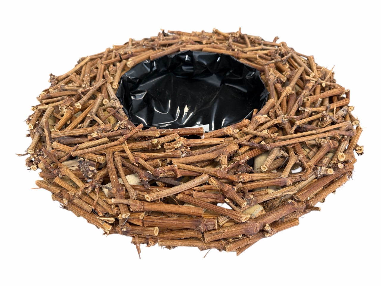 Exklusiver Pflanzkranz aus Weinrebe, braun poliert, rund, mit besonders stabiler Folie; 60x60cm, H11cm