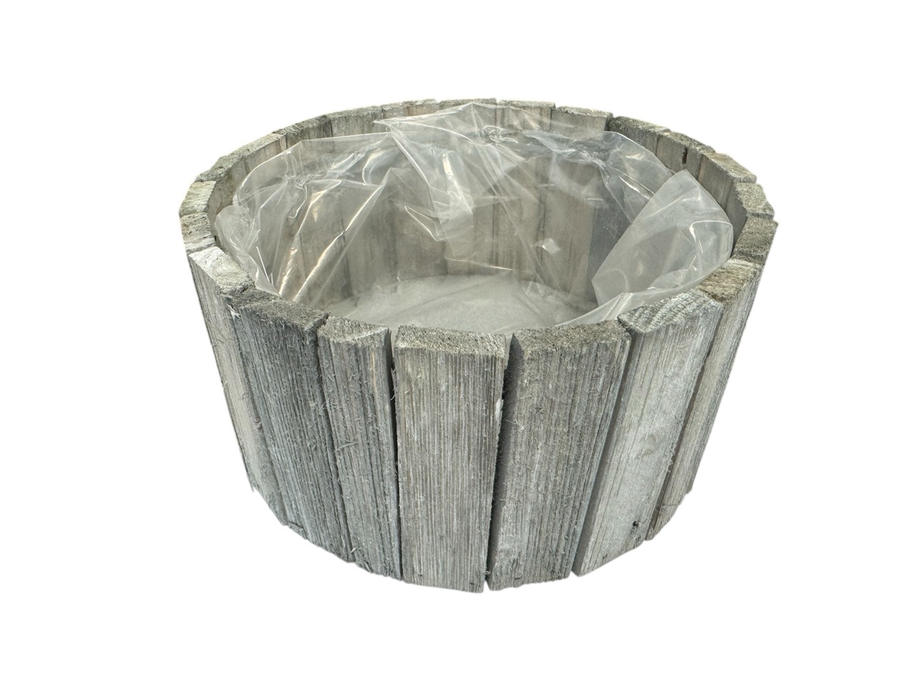 Pflanzgefäß aus Bauholz, rund grau gewaschen, mit Folie; 22x22cm, H11cm