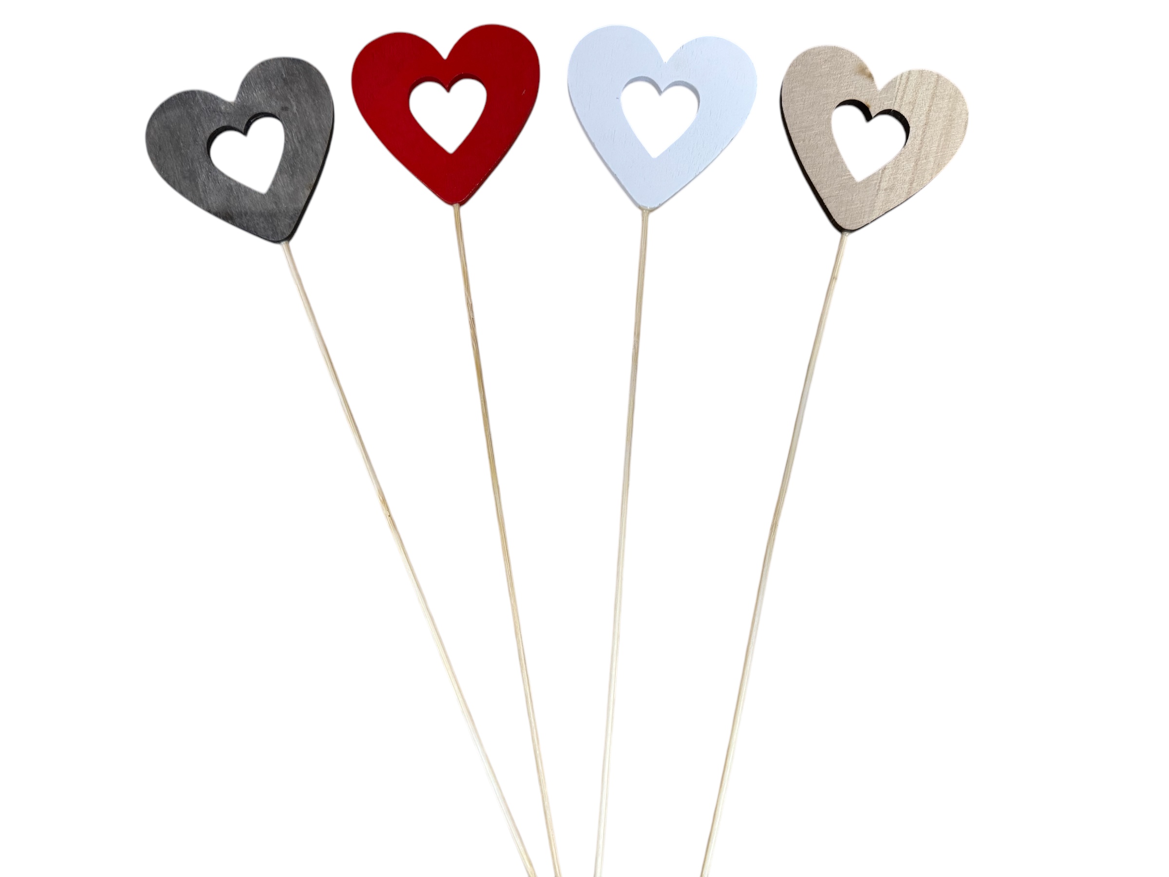 Herzen als Holzstecker, 35 Stk. im Beutel; weiß, grau, natur, rot, 7x35 cm 