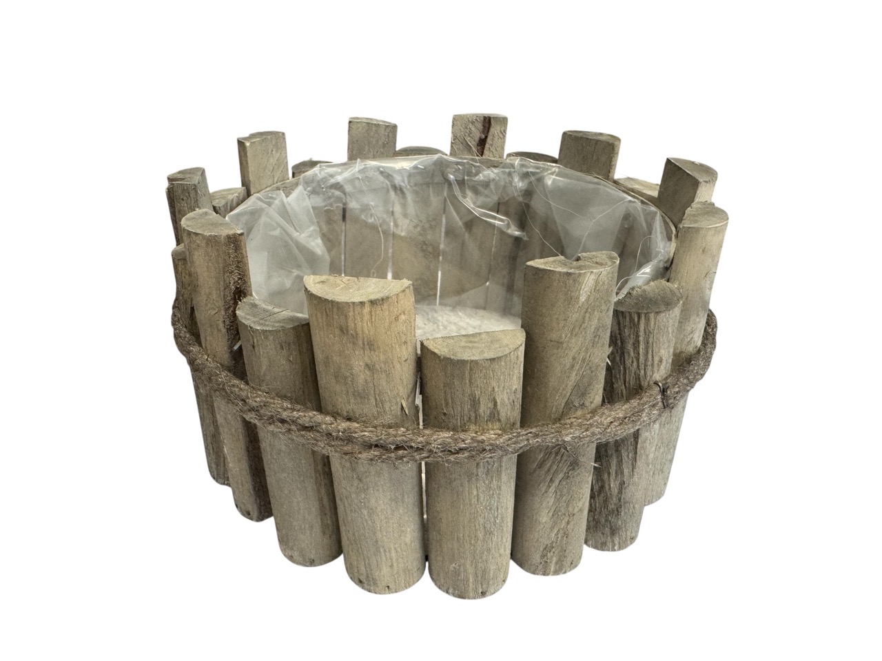 Pflanzkorb rund, Holzstücke natur mit Folie und Seil; 22x22cm, H12cm