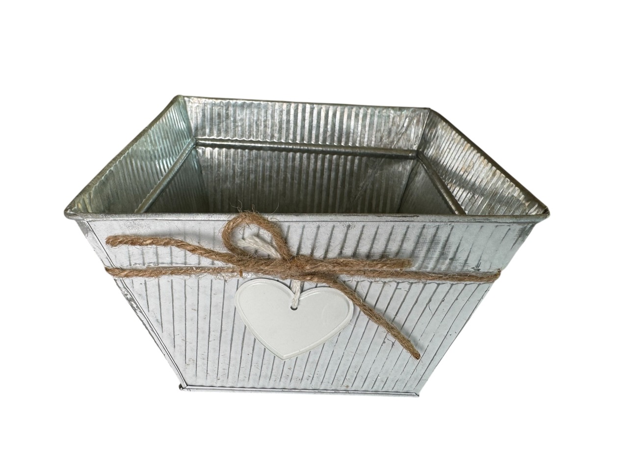 Zinkschale eckig, grau gewaschen mit Seil und Herz; 18x18 cm, H13 cm