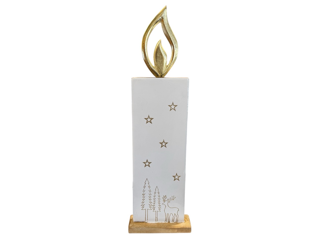 Kerze aus Mango Holz mit goldener Flamme, weiß glasiert / natur, gold; 15x5 cm, H46 cm
