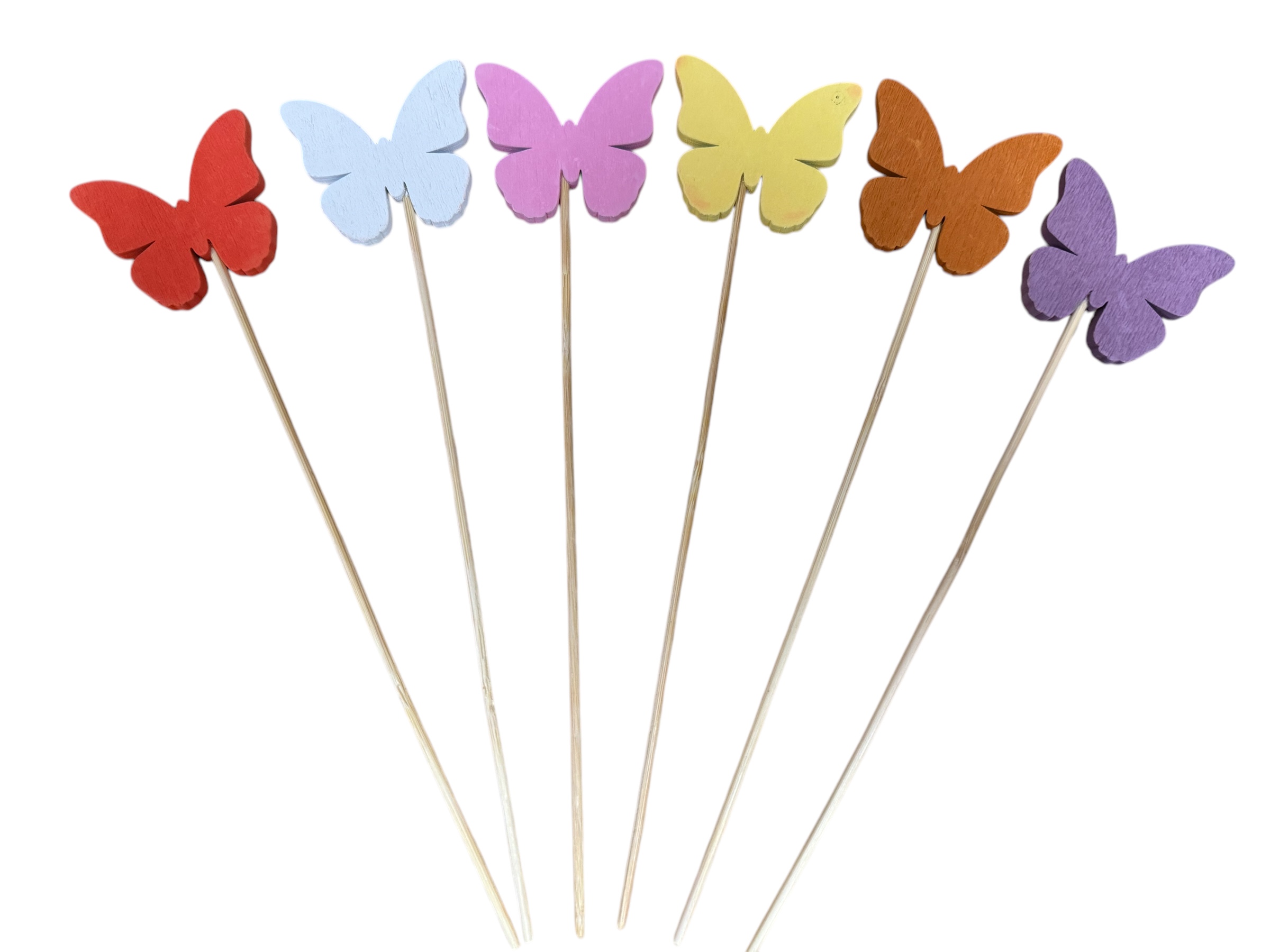 Schmetterlinge als Holzstecker, 50 Stk. im Beutel; weiß, dunkelorange, gelb, rosa, laub, purple, 5x24 cm