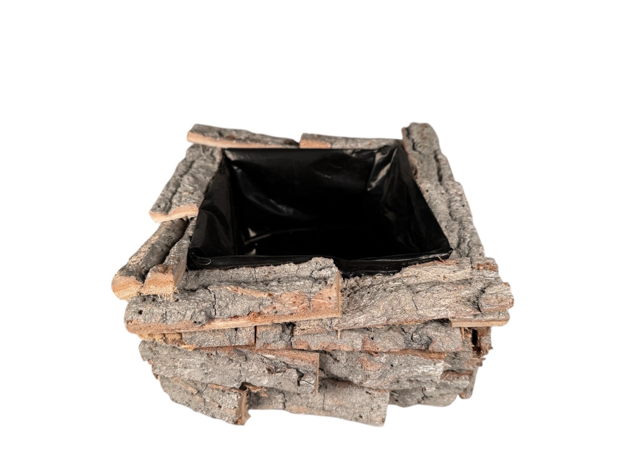 Rindenpflanzschale rechteckig, grau mit Folie; 21x21 cm, H9 cm