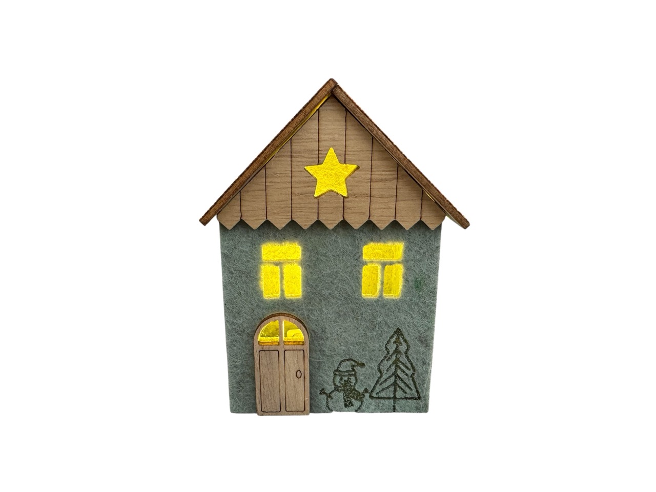 Filzhaus mit Holzdach Berghütte mit LED salbei, Box mit 3 Stück; 10x7x5 cm