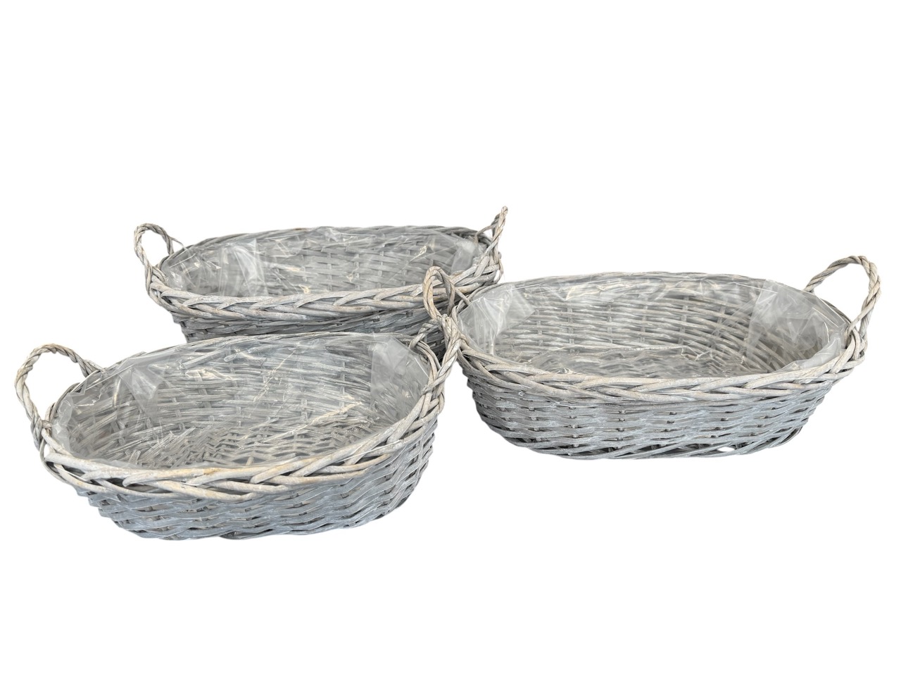 Pflanzgefäß geflochten, grau gewaschen, 3er Satz, oval, mit Folie und Henkeln; 52x40cm, H14cm