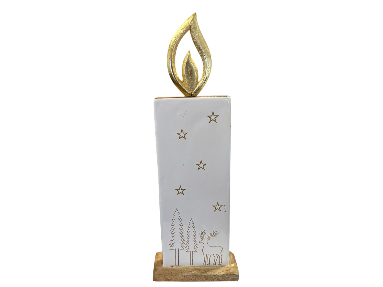 Kerze aus Mango Holz mit goldener Flamme, weiß glasiert / natur, gold; 13x5 cm, H33 cm