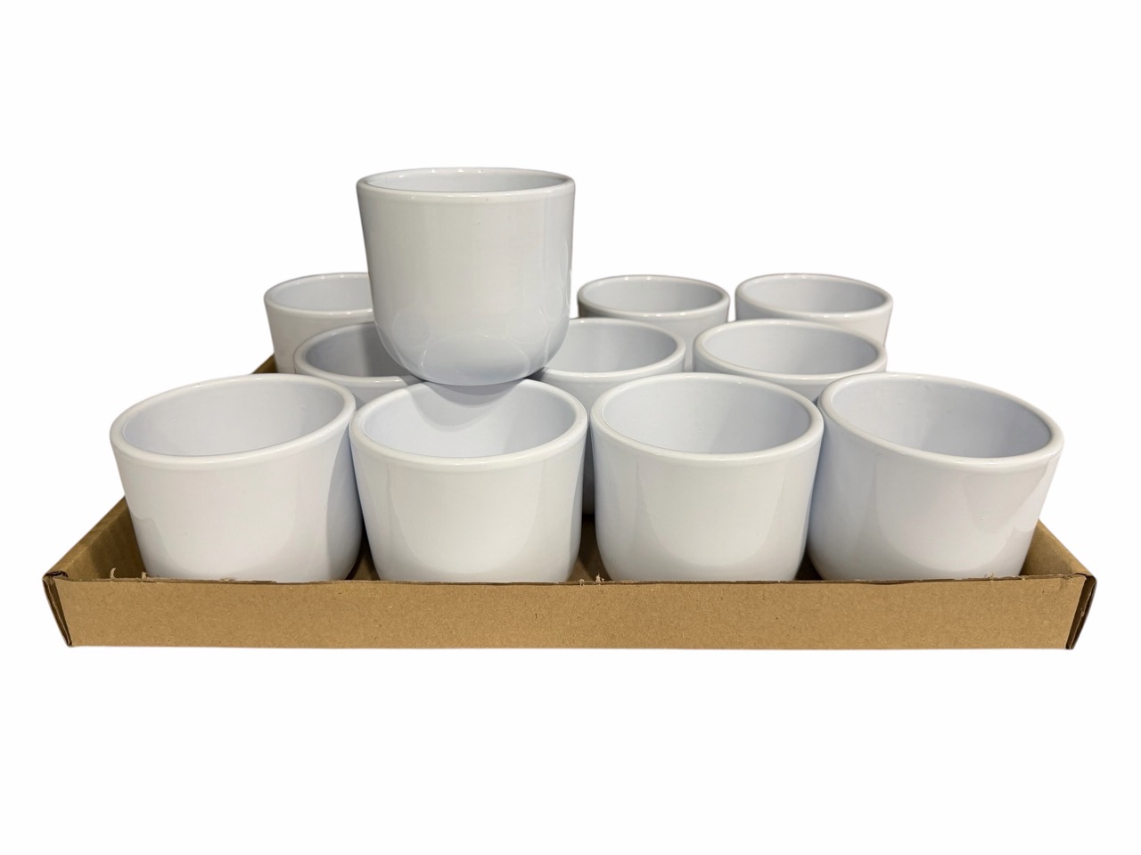 Keramik Übertopf, Ø8 cm, H7,5 cm, hochwertige weiß Lasur; 12 Stück im Tray