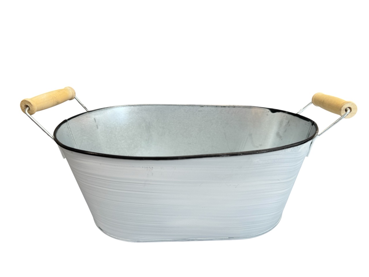 Zinkschale oval, weißgewaschen mit Henkeln; 26,5x15,5 cm, H10 cm