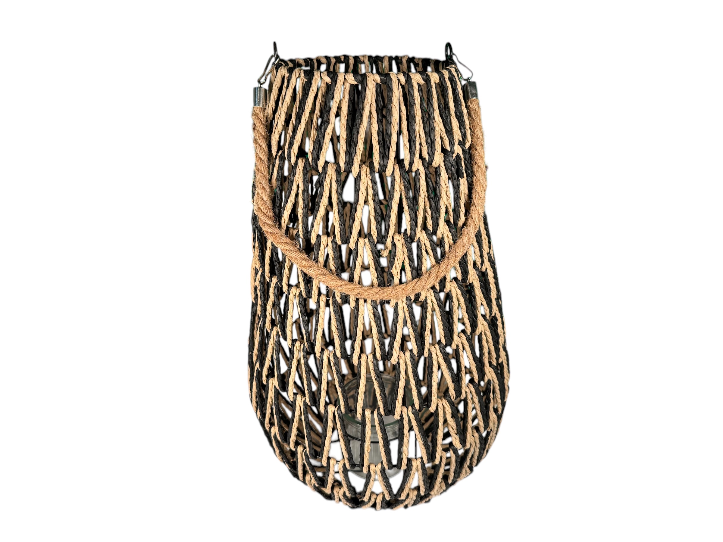 Laterne mit Glas, mit Seil als Henkel, schwarz/natur, Seegras