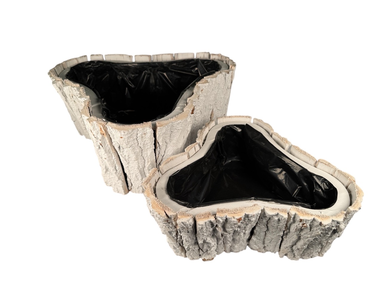 Rindenpflanzschale geschwungen 2er Satz, weiß mit Folie