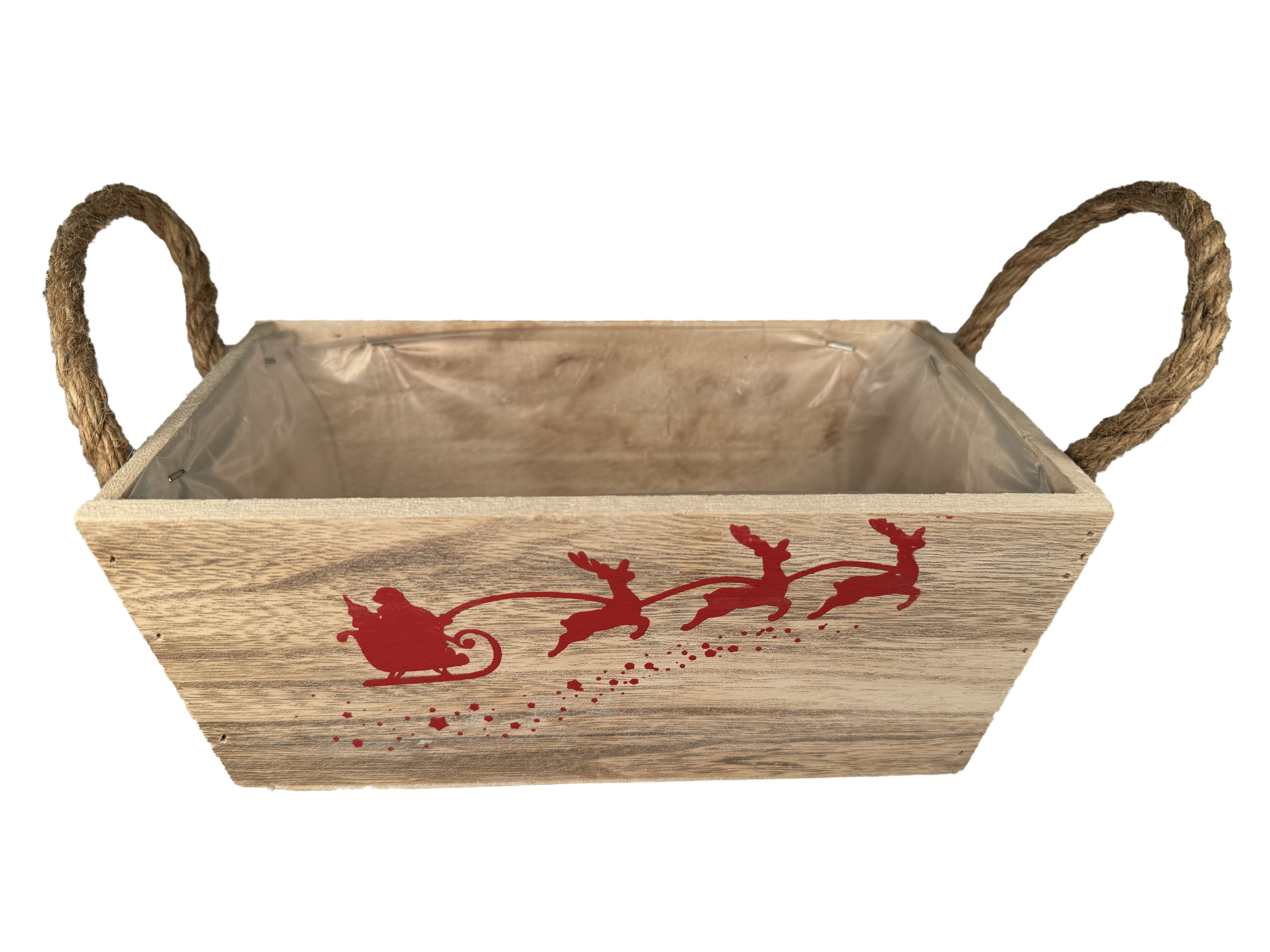 Pflanzkiste weiß mit rot mit Weihnachtsmuster und Henkeln; 24x14cm, H10cm