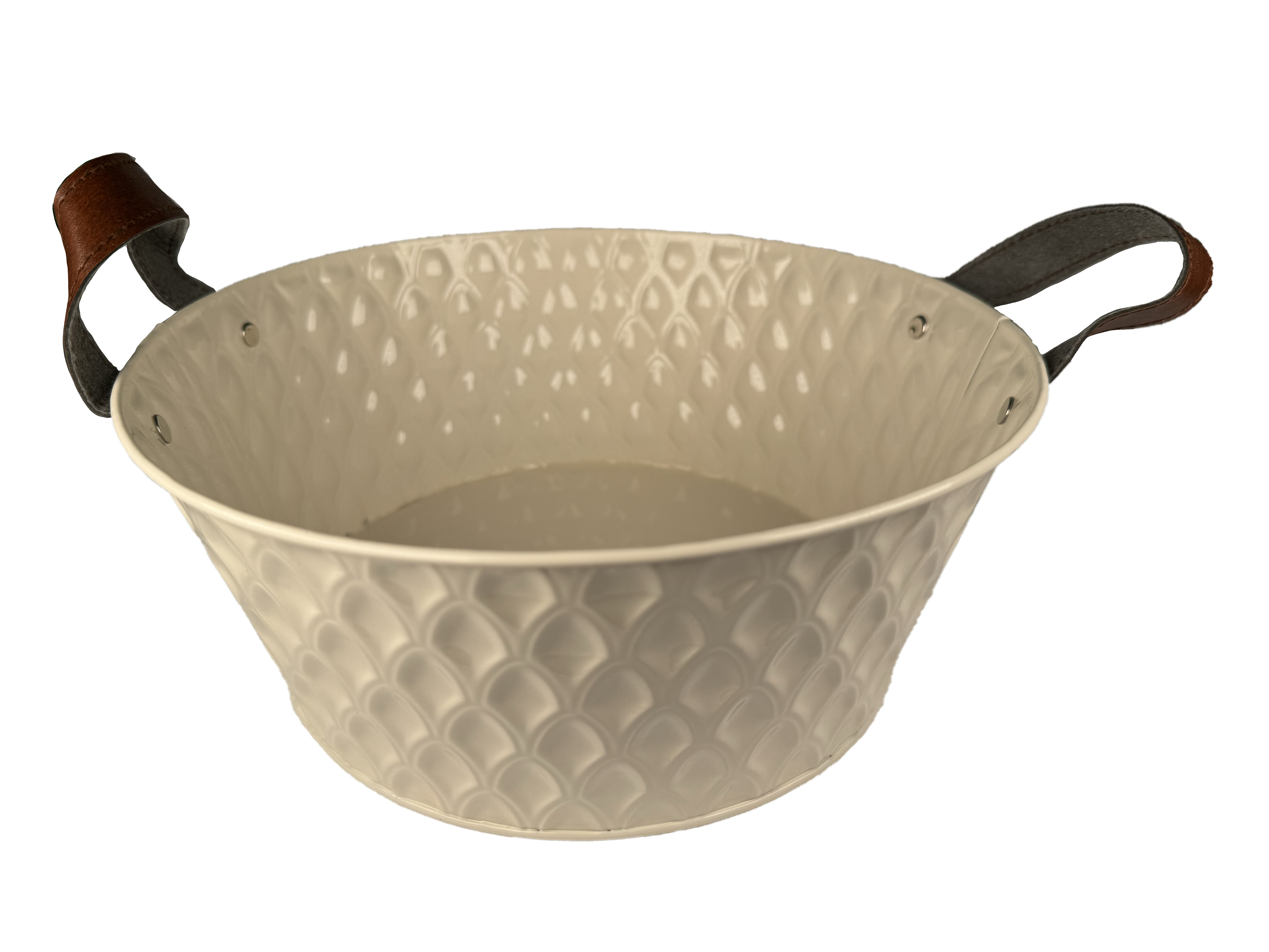 Zinkschale, creme, rund mit Henkeln, Look 3D Raute