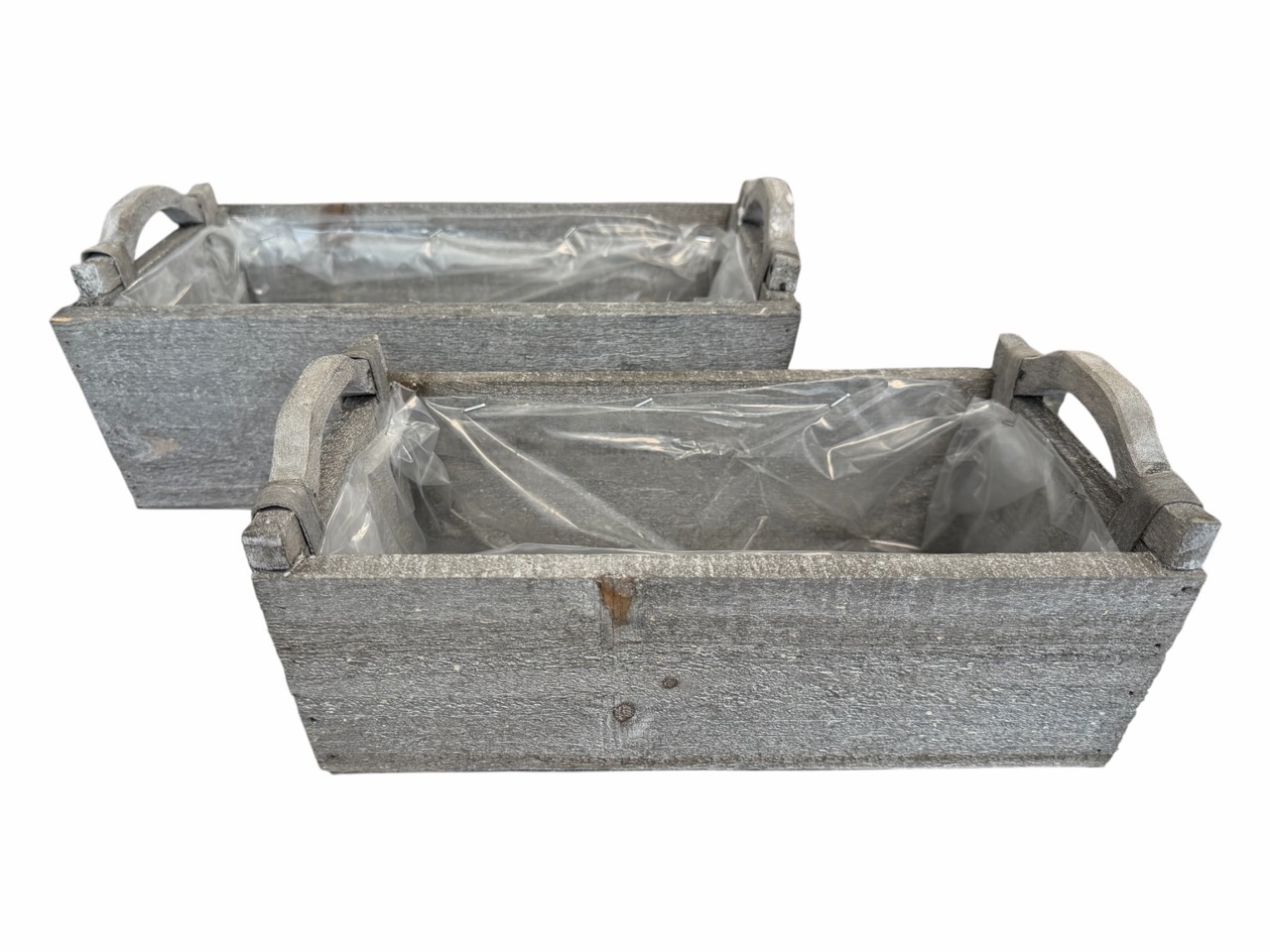 Holzkiste mit Henkeln, grau gewaschen, 2er Satz, rechteckig, mit Folie - sehr stabil; 35x22cm, H15cm