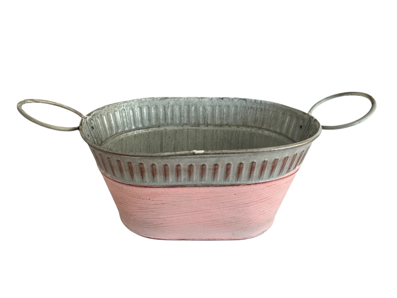 Zinkschale oval, pink mit Henkel; 18x12 cm, H9 cm