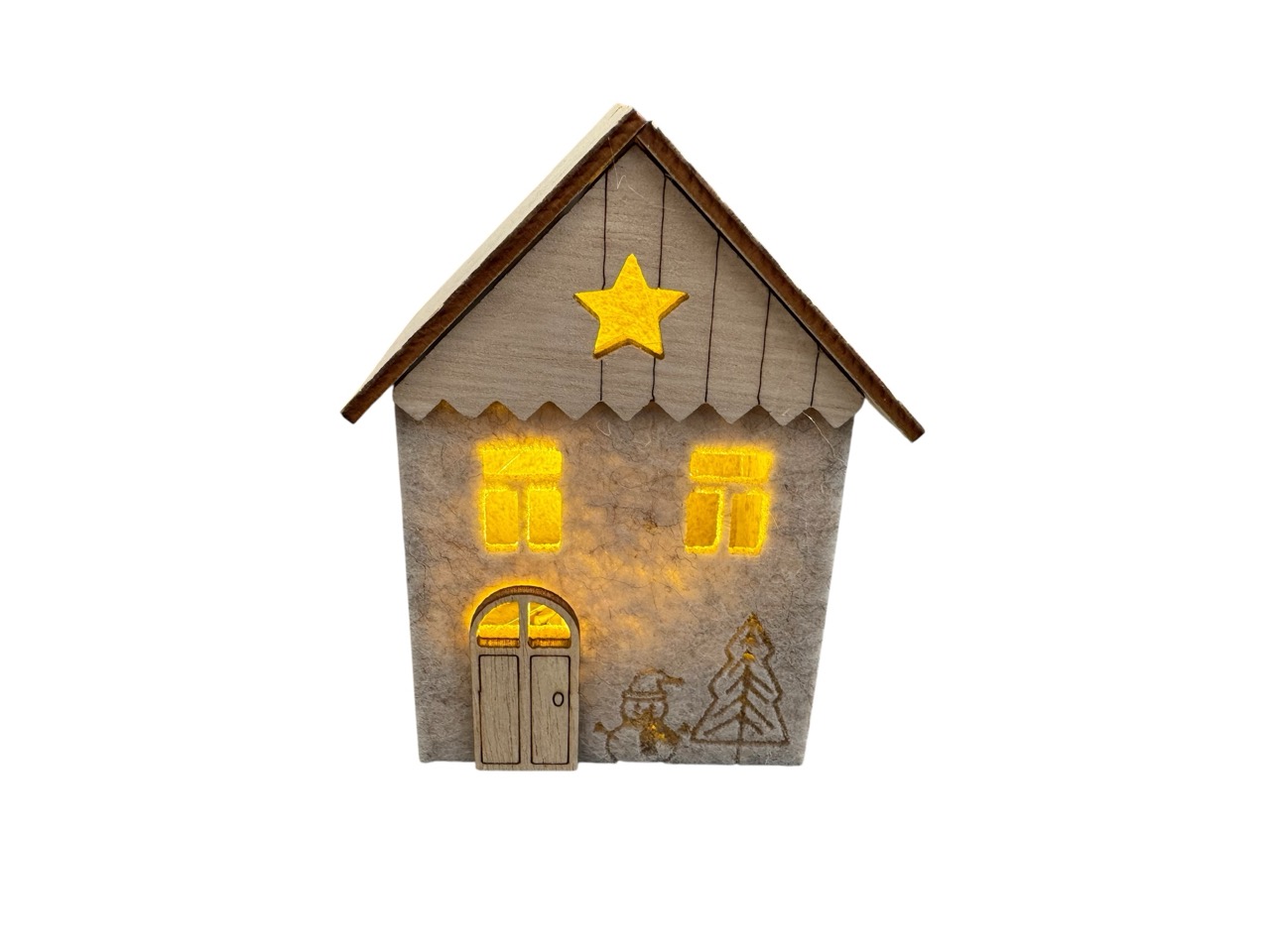 Filzhaus mit Holzdach Berghütte mit LED beige, Box mit 3 Stück; 10x7x5 cm