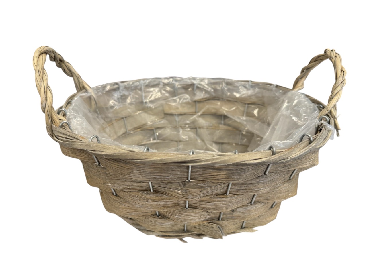 Pflanzkorb geflochten oval, natur mit Henkeln, Draht und Folie; 29x24cm, H14cm