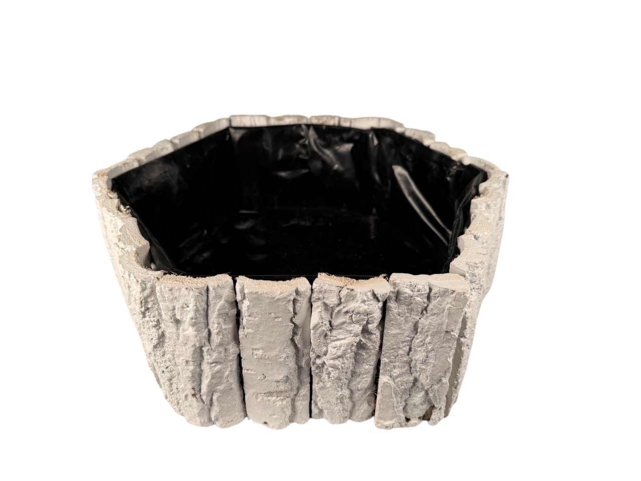 Rindenpflanzschale sechseckig, weiß mit Folie